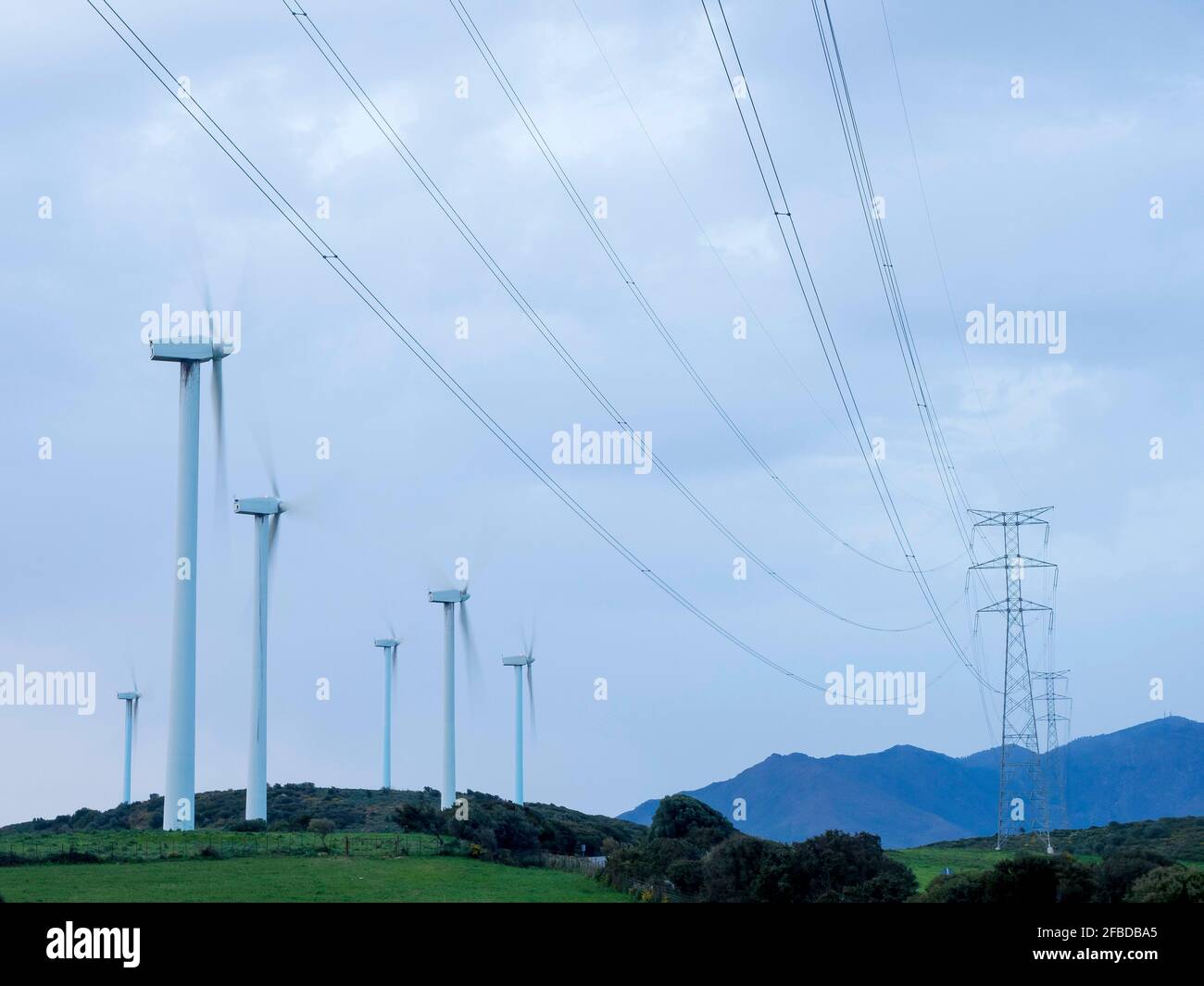 Mehrere Windturbinen neben einer Hochspannungsleitung auf dem Land. Stockfoto