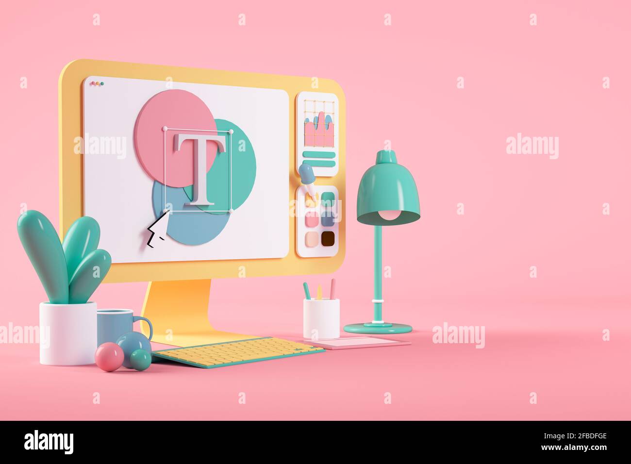 Designs auf Cartoon-Computer-Bildschirm über rosa Hintergrund Stockfoto