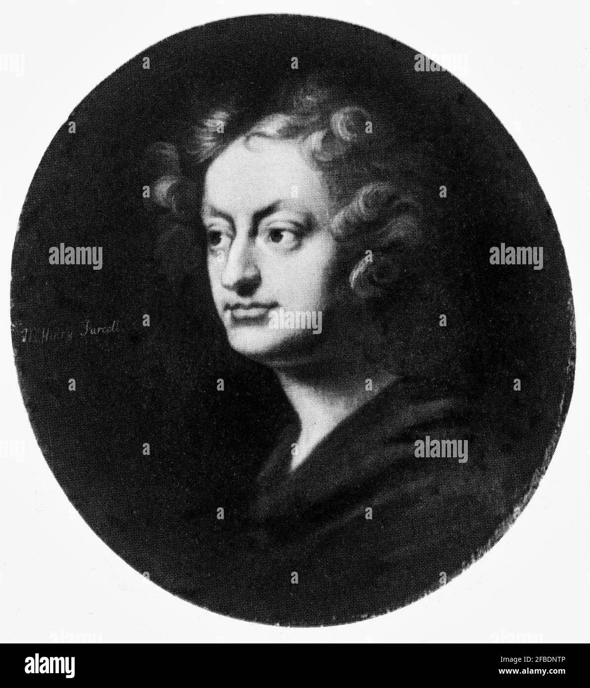 Henry Purcell (1659-1695) war ein englischer Komponist, der italienische und französische Stilelemente einarbeitete, um eine einzigartige englische Form der Barockmusik zu schaffen. Er gilt allgemein als einer der größten englischen Komponisten, dessen Werk die Musiker des 20. Und 21. Jahrhunderts beeinflusst hat. Stockfoto