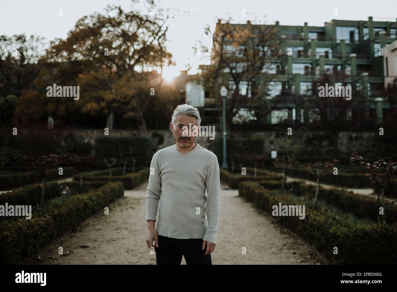 Grauhaariger Mann, der auf Baumwurzeln im Garten sitzt Stockfoto