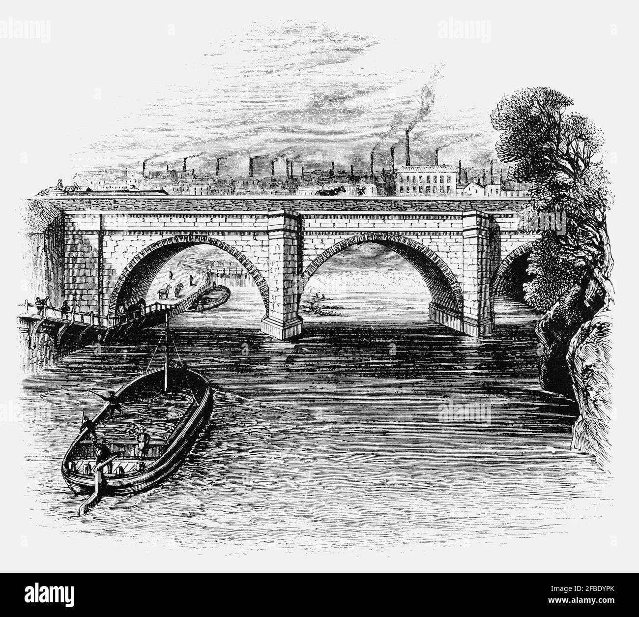 Das am 17. Juli 1761 eröffnete Barton Aquädukt führte den Bridgewater-Kanal über den Fluss Irwell in Barton-upon-Irwell, Lancashire, England. Es wurde von James Brindley unter der Leitung von John Gilbert entworfen und war das erste schiffbare Aquädukt, das in England gebaut wurde und gilt als eines der sieben Wunder der Kanalzeit. Stockfoto