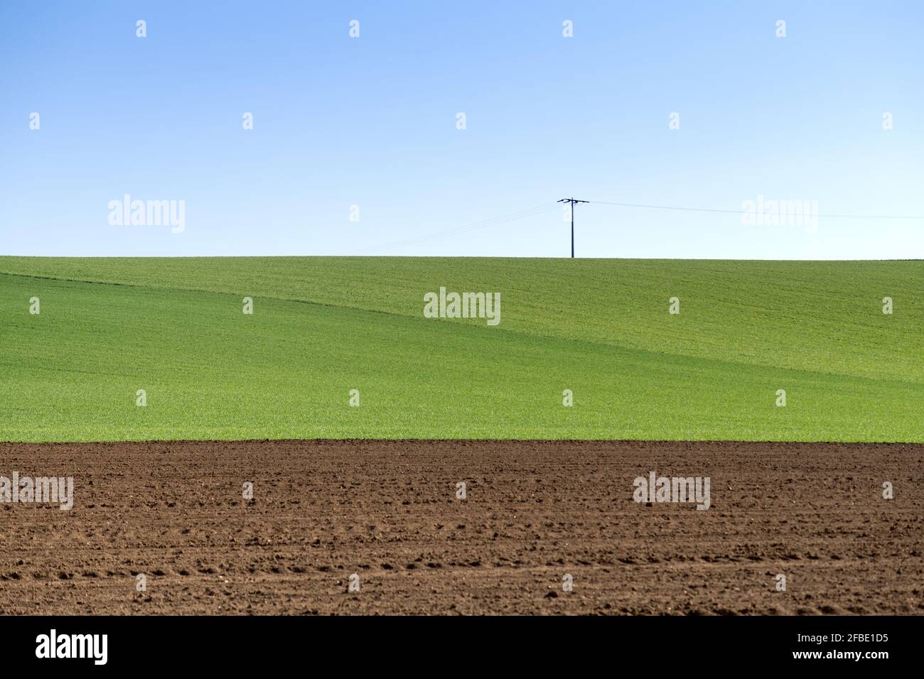 Grüner Strom, grüner Strom, Strommasten und Leitungen über Felder, Umwelt und Energie. Stromversorgung, Freileitungen. Übertragungsleitungen Stockfoto