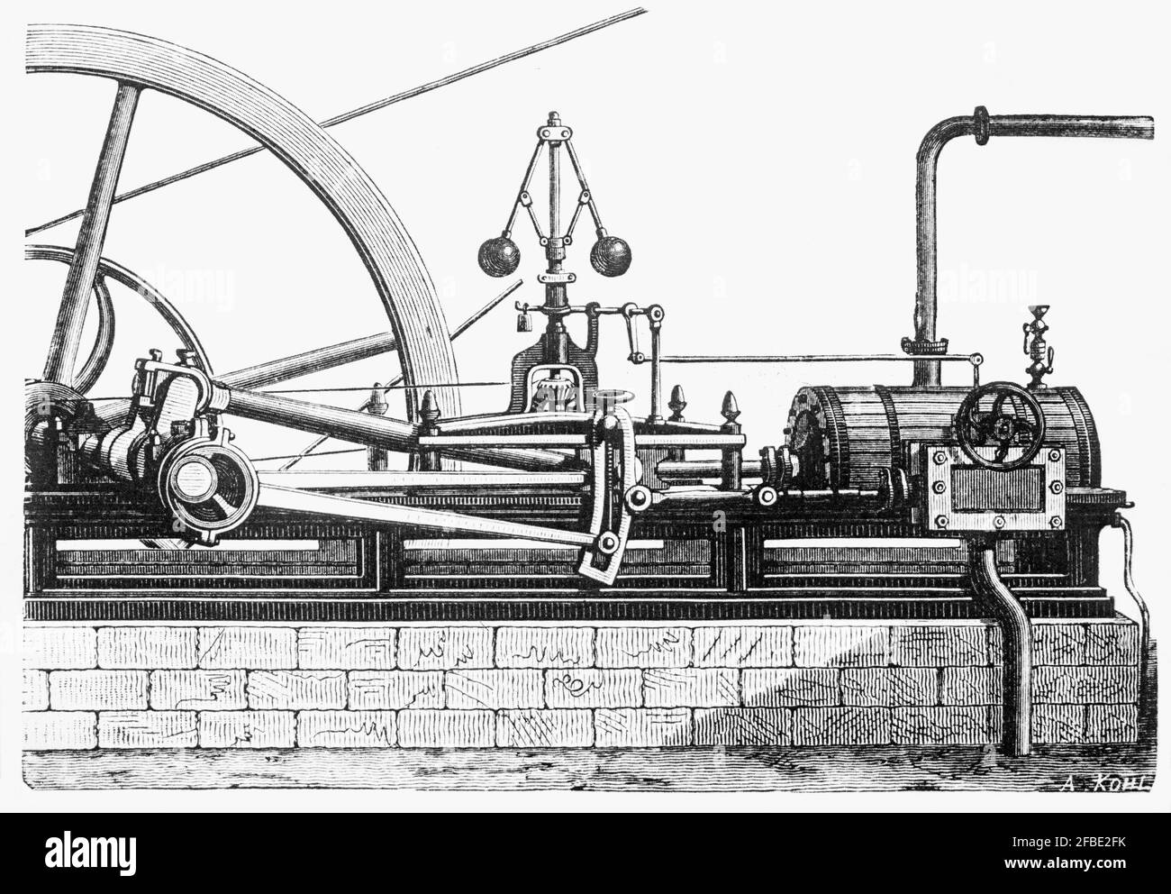 Die frühe Watt-Dampfmaschine war eine der treibenden Kräfte der industriellen Revolution. James Watt entwickelte das Design sporadisch von 1763 bis 1775 mit Unterstützung von Matthew Boulton. Watt's Design hat im Vergleich zu früheren Designs so viel mehr Kraftstoff eingespart, dass sie aufgrund der Menge an Kraftstoff lizenziert wurden, die sie einsparen würden. Watt hörte nie auf, die Dampfmaschine zu entwickeln und seine Entwürfe wurden zum Synonym für Dampfmaschinen, und es waren viele Jahre, bevor deutlich neue Designs begannen, das grundlegende Watt-Design zu ersetzen. Stockfoto