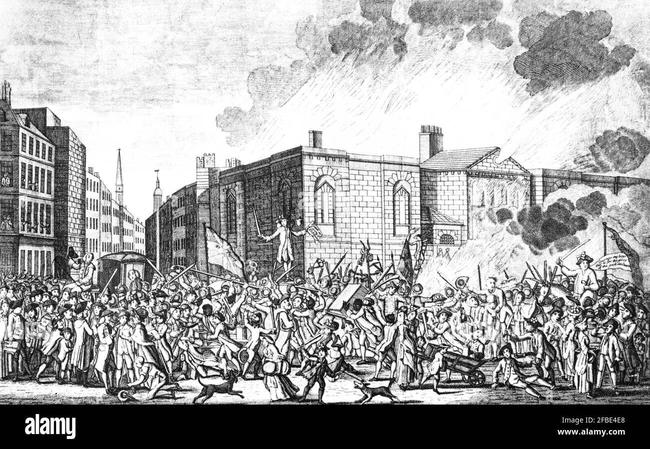 Newgate-Gefängnis, das während der Gordon Riots von 1780 brannte, mehrere Tage lang in London, motiviert durch antikatholische Gefühle. Sie begannen mit einem großen und geordneten Protest gegen den Papists Act von 1778, der die offizielle Diskriminierung britischer Katholiken verringern sollte, die durch den Popery Act von 1698 erlassen wurde. Die Gewalt begann am 2. Juni 1780 mit der Plünderung und Verbrennung katholischer Kapellen in ausländischen Botschaften. Die Regierung schickte schließlich die Armee ein, was schätzungsweise 300-700 Todesfälle zur Folge hatte Stockfoto