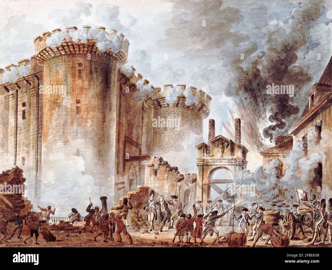 Die Französische Revolution. The Storming of the Bastille von Jean-Pierre Houël, Aquarell, 1789 Stockfoto