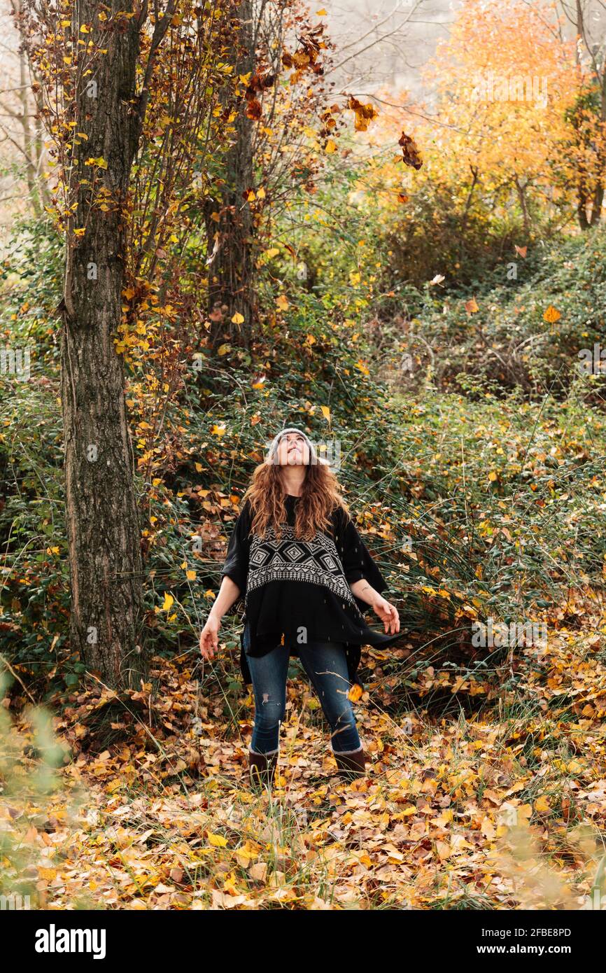 Frau, die mitten in der Luft herbstliche Blätter anschaut, während sie im Stehen steht Wald während des Urlaubs Stockfoto