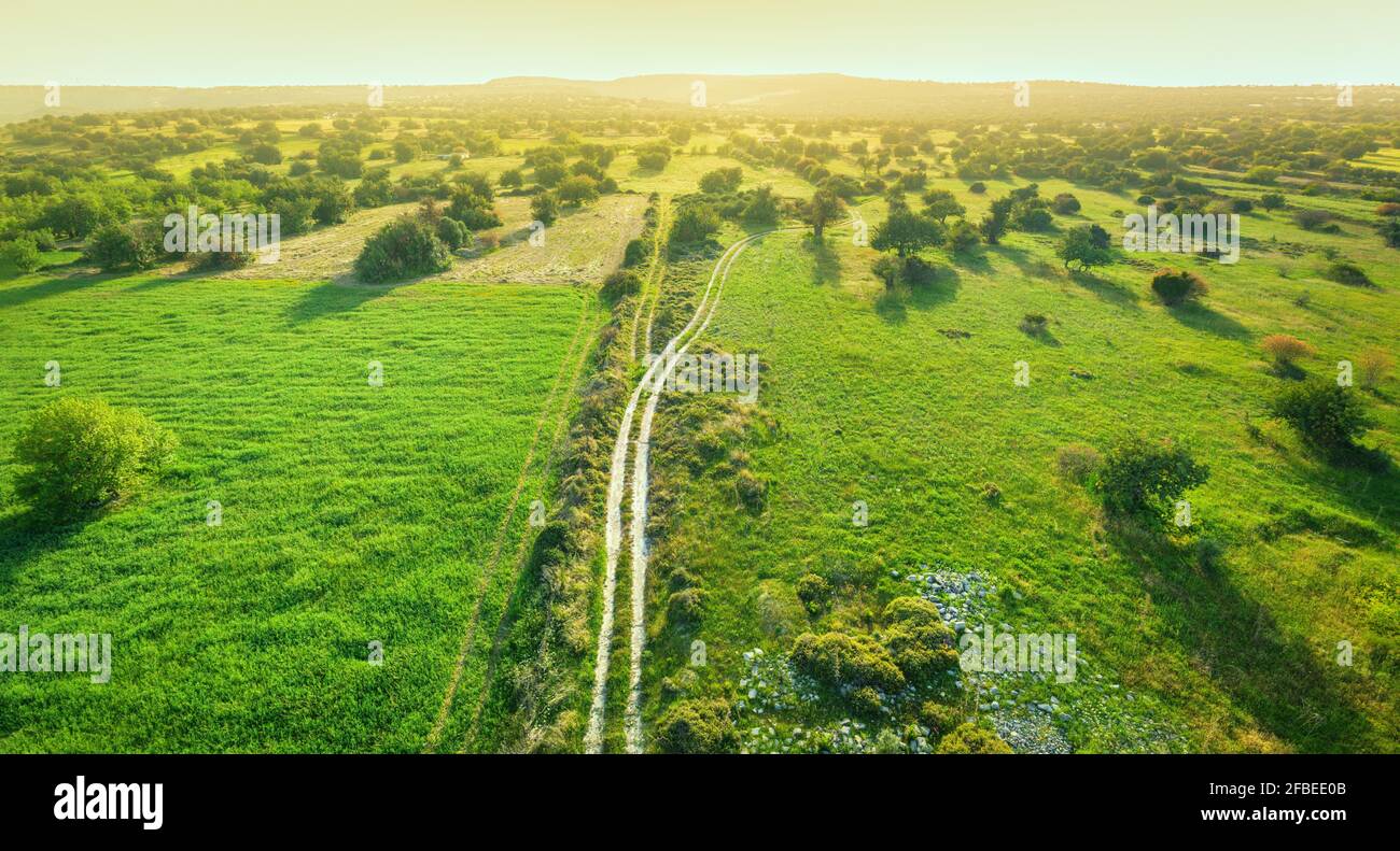 Luftlandschaft zur goldenen Stunde. Grüne Felder mit Gras und Bäumen, Landstraße mit Radspuren und ferne Hügel Stockfoto