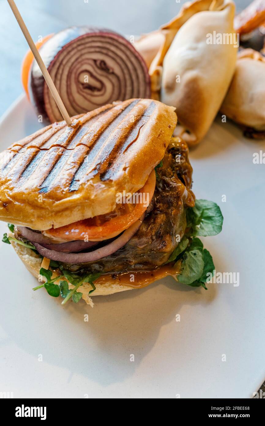 Verführerischer Hamburger auf dem Teller Stockfoto