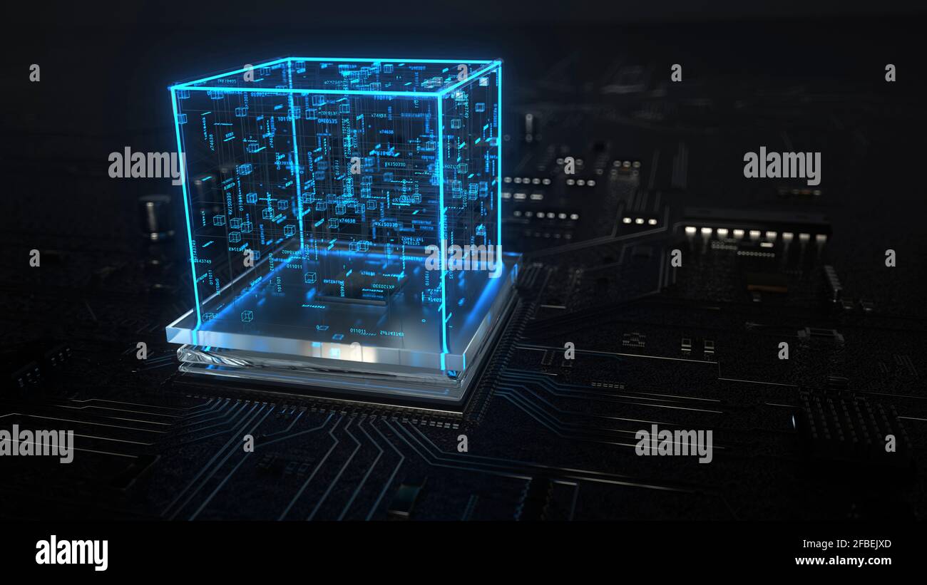 Dreidimensionales Rendern des blauen Würfels, der auf dem glühenden Leiterplatte Stockfoto