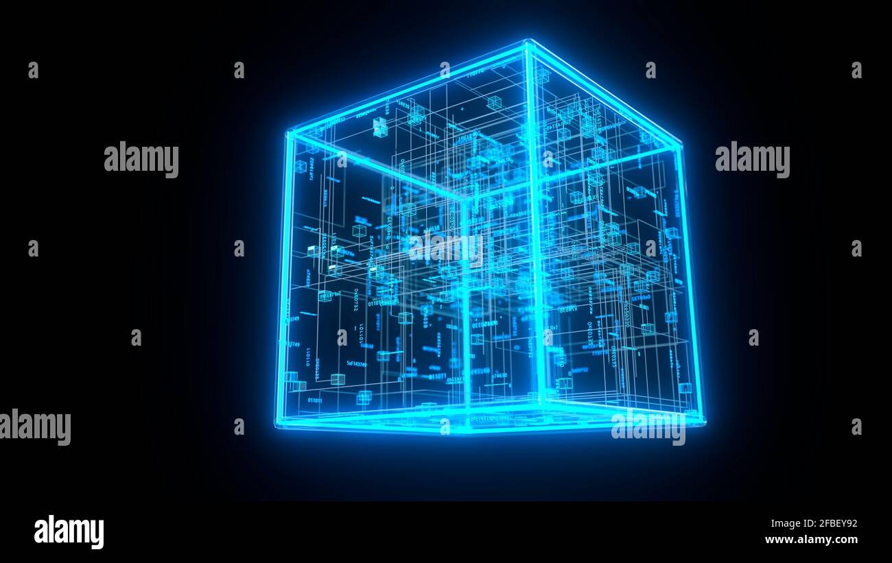 Dreidimensionales Rendern von blau leuchtenden Blockchain-Würfeln Stockfoto