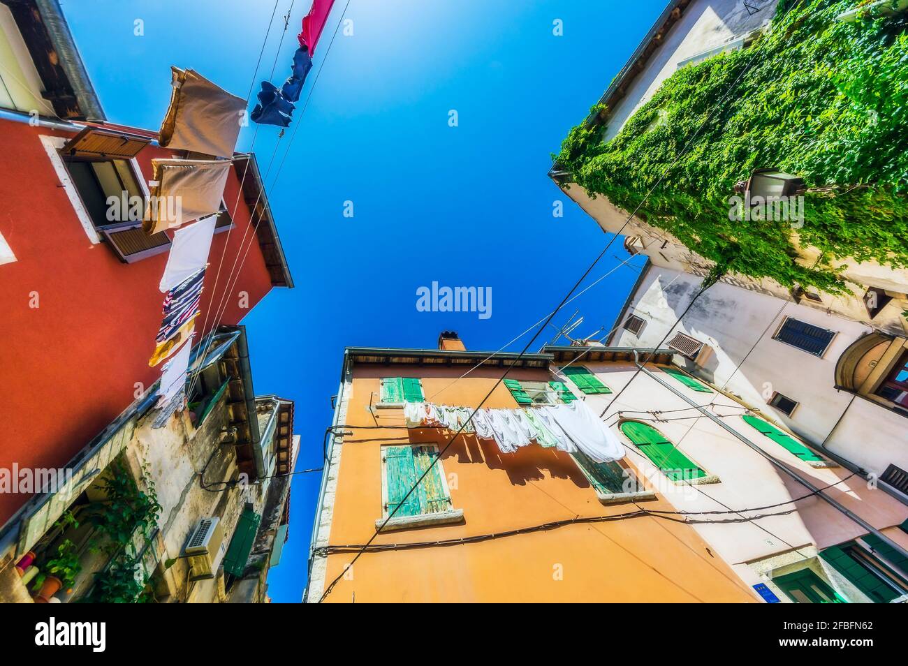 Häuser in einer engen Gasse in Rovinj, Istrien, Kroatien Stockfoto