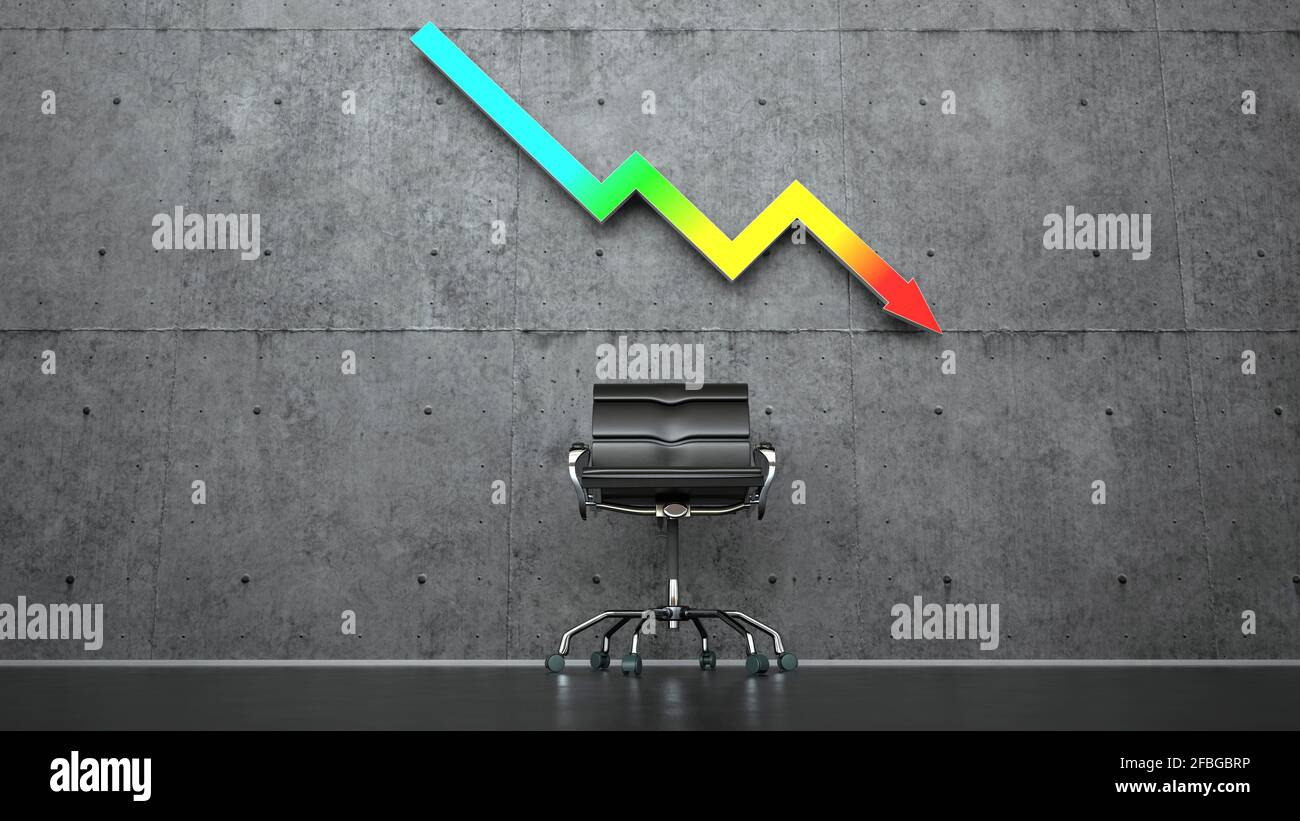 Dreidimensionale Darstellung eines Bürostuhls, der unter einem farbenfrohen Graphen steht Pfeil, der die wirtschaftliche Rezession darstellt Stockfoto