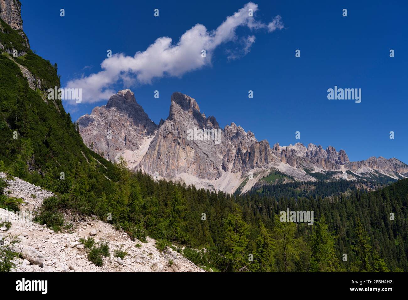 Italien, Dolomiten, Venetien, Tre Croci Pass, Monte Cristallo vom Weg zum Sorapis See im Sommer gesehen Stockfoto