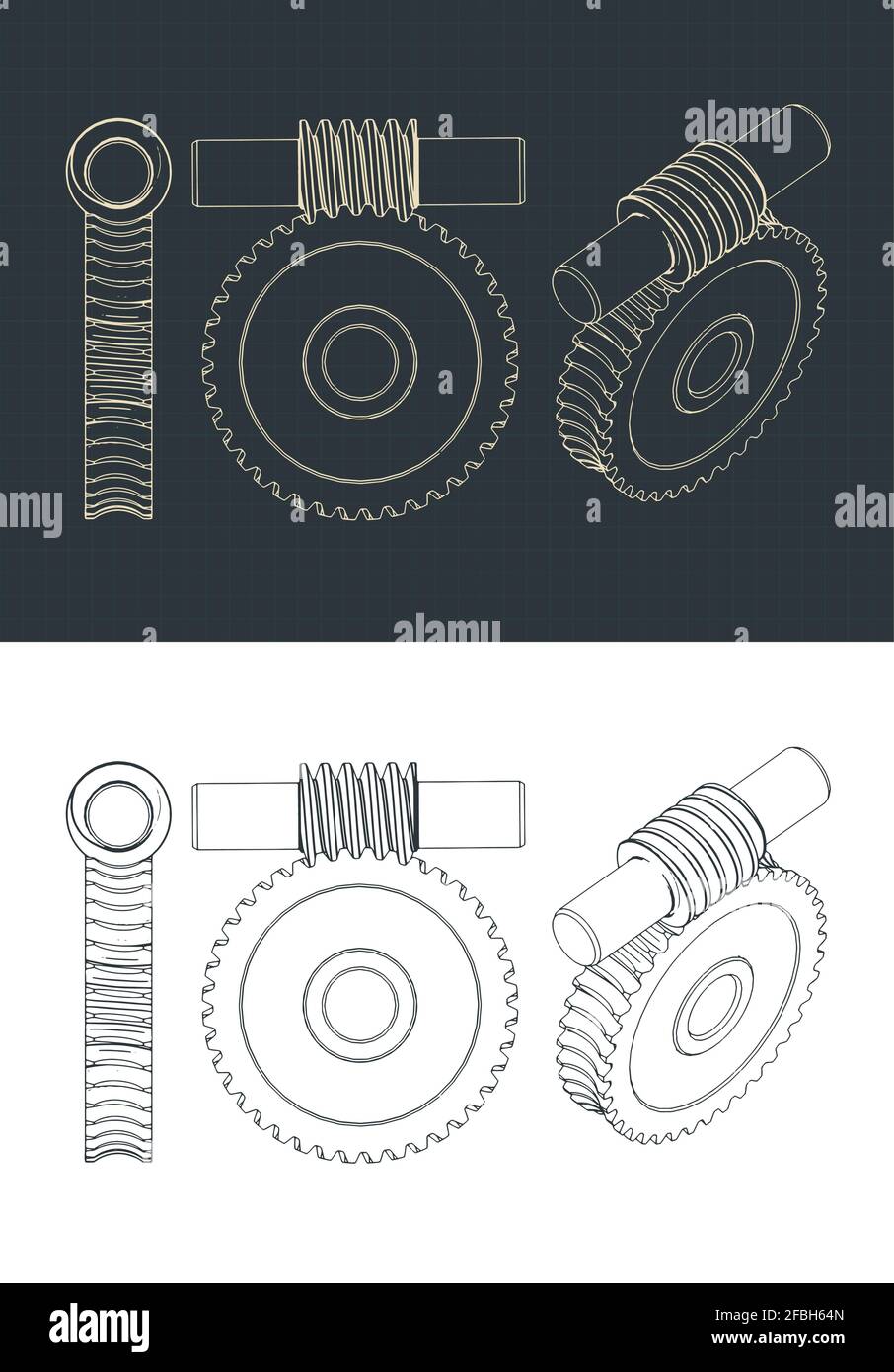 Stilisierte Vektor-Illustrationen von Archimedes Wurm- und Evolventenzahnradentwürfen Stock Vektor