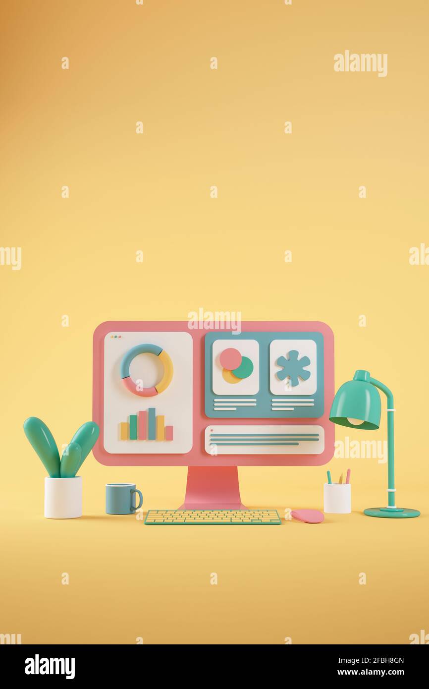 Cartoon Computer und Tastatur von Topfpflanze vor gelbem Hintergrund Stockfoto