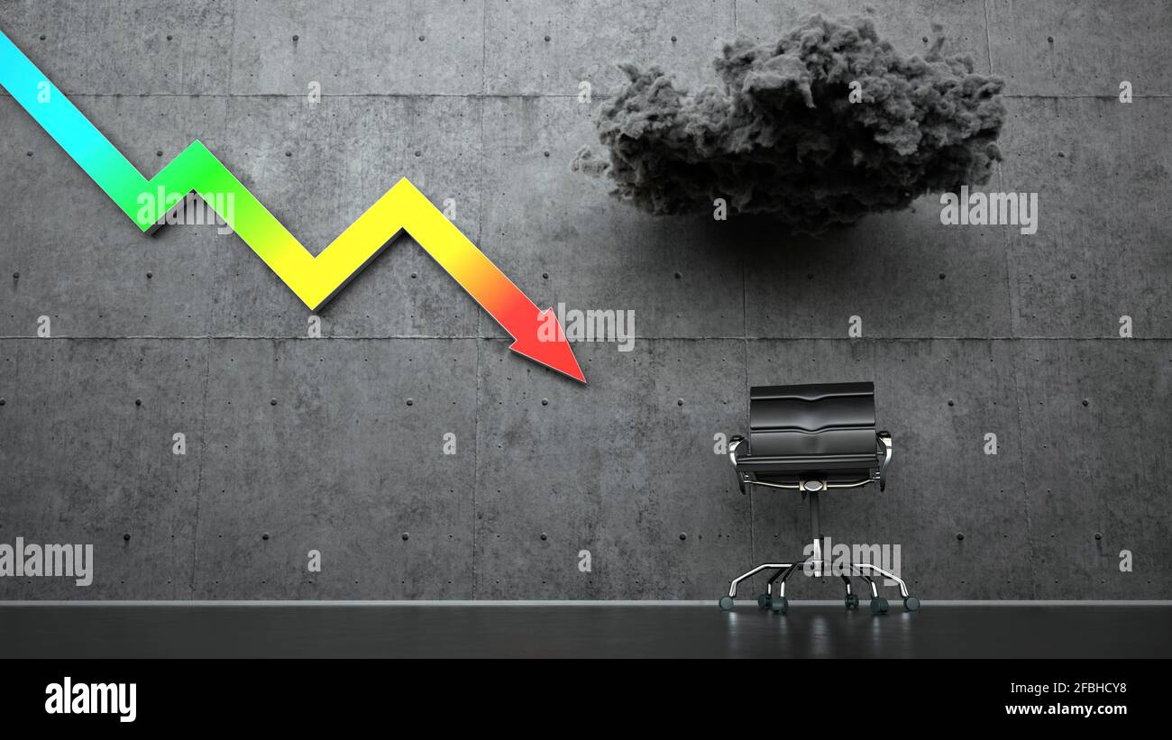 Dreidimensionale Darstellung eines Bürostuhls, der unter einer Sturmwolke steht Und ein farbenfroher Pfeil mit einer Grafik, der die wirtschaftliche Rezession darstellt Stockfoto