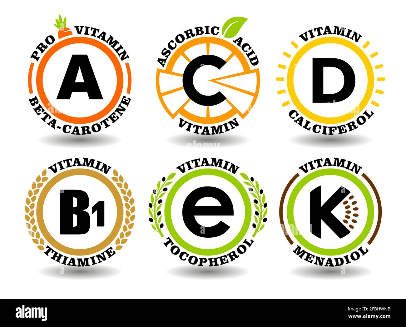 Creative Concept Vektor-Set aus A, B, C, D, E, K Vitaminkomplex-Schilder mit flachem, grafischem Sonnensymbol, Cartoon-Obst-Symbolen, natürlichen, gesunden Lebensmittelmarken, Stock Vektor