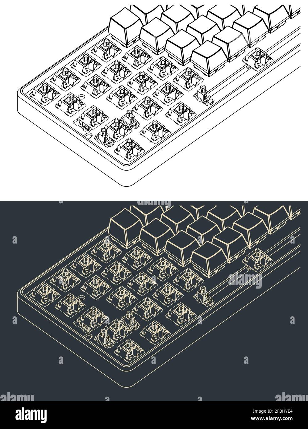 Stilisierte Vektordarstellung einer mechanischen 60%-Tastatur mit teilweise entfernter Tastatur Nahaufnahme der Tastenkappen Stock Vektor
