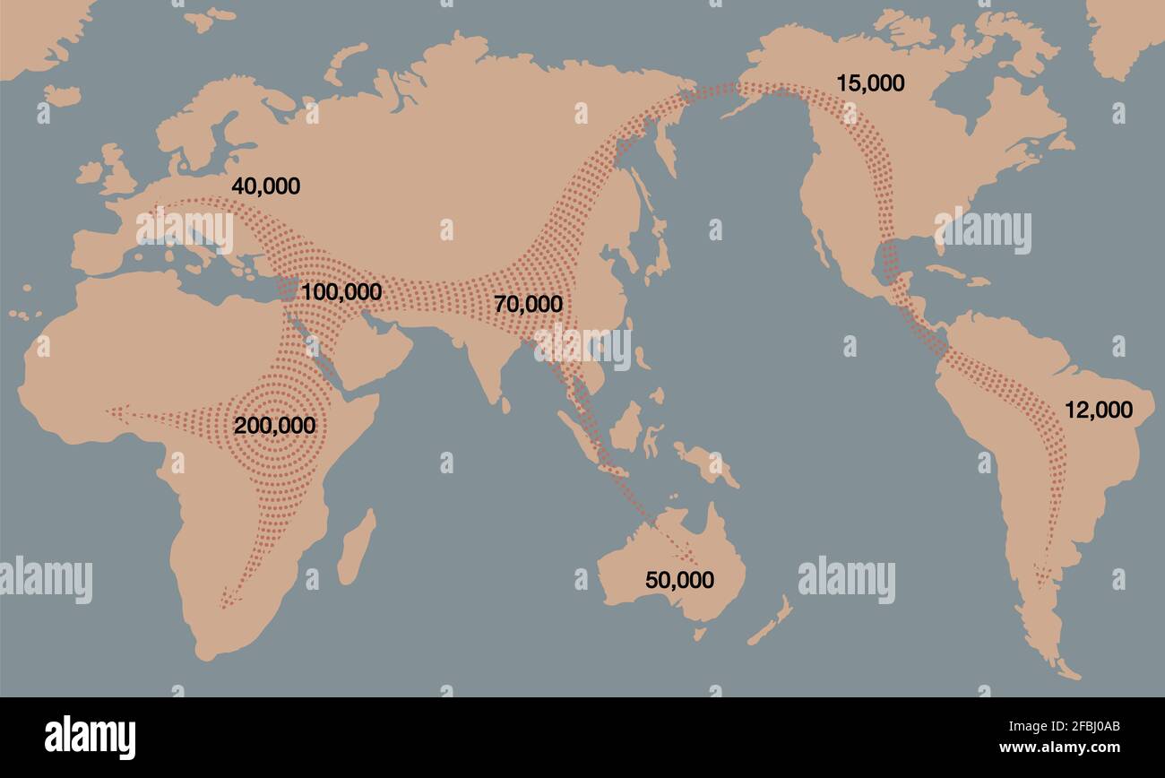 Migrationspfade der Menschheit von afrika vor 200000 Jahren ausgehend, weltweite Ausbreitung archaischer Menschen mit bewegter Richtung und Siedlungszeit. Stockfoto