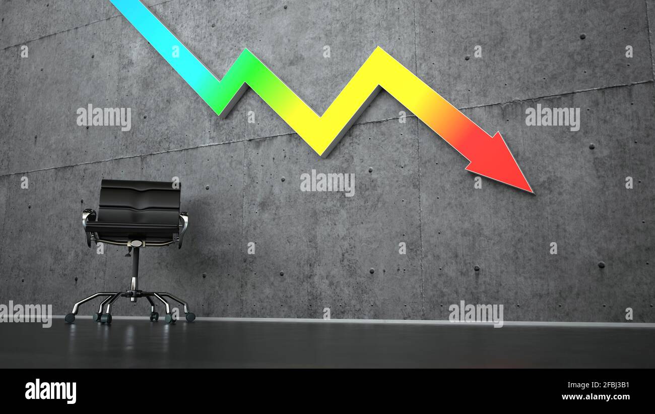 Dreidimensionale Darstellung eines Bürostuhls, der unter einem farbenfrohen Graphen steht Pfeil, der die wirtschaftliche Rezession darstellt Stockfoto