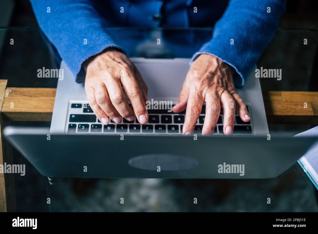 Weibliche leitende Profikanerin, die im Heimbüro einen Laptop verwendet Stockfoto