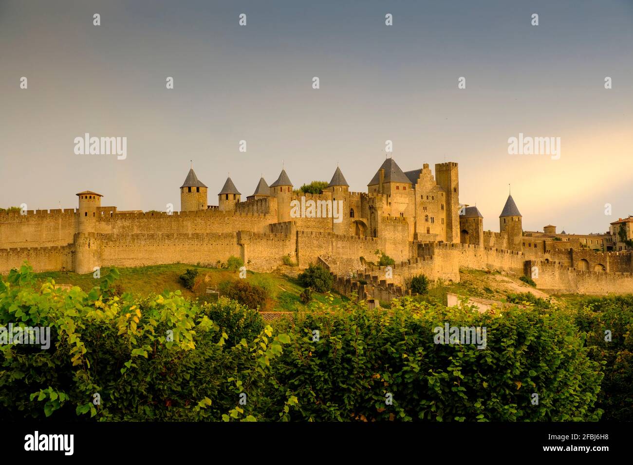 Frankreich, Aude, Carcassonne, Cite de Carcassonne in der Abenddämmerung Stockfoto