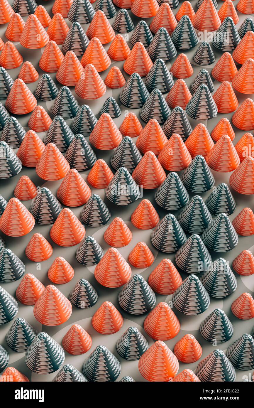 Dreidimensionales Muster aus grauen und roten Zapfen Stockfoto