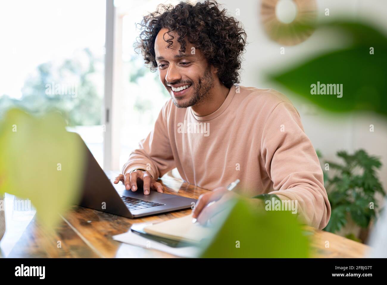 Fröhlicher Geschäftsmann, der zu Hause mit einem Laptop Tagebuch schreibt Stockfoto