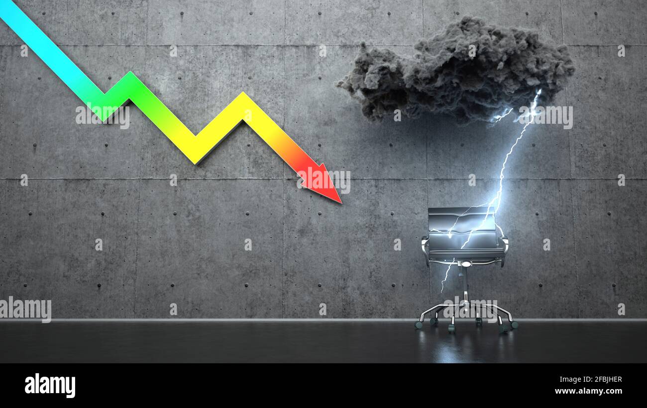 Dreidimensionale Darstellung eines Bürostuhls, der unter einer Sturmwolke steht Und ein farbenfroher Pfeil mit einer Grafik, der die wirtschaftliche Rezession darstellt Stockfoto