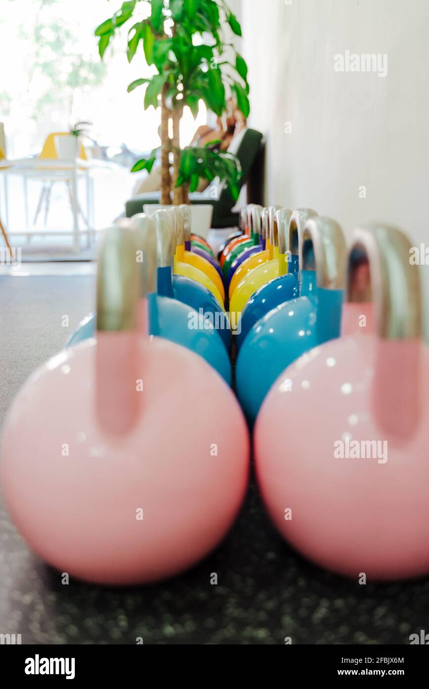 Bunte Kugelhantel im Fitnessstudio Stockfoto