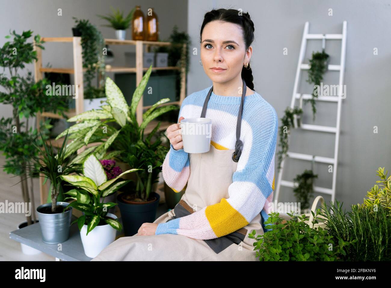 Die Gärtnerin hält den Becher, während sie in der Werkstatt auf dem Tisch sitzt Stockfoto