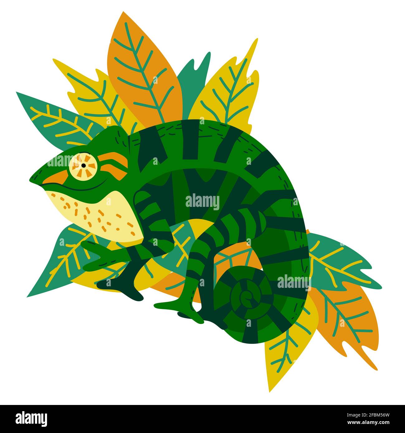 Handgezeichnetes niedliches Panther-Chamäleon, exotisches Maskottchen zeigt Friedenszeichen und lächelt, heller positiver Charakter auf tropischem Blatthintergrund, Avatar, Logo, Stock Vektor