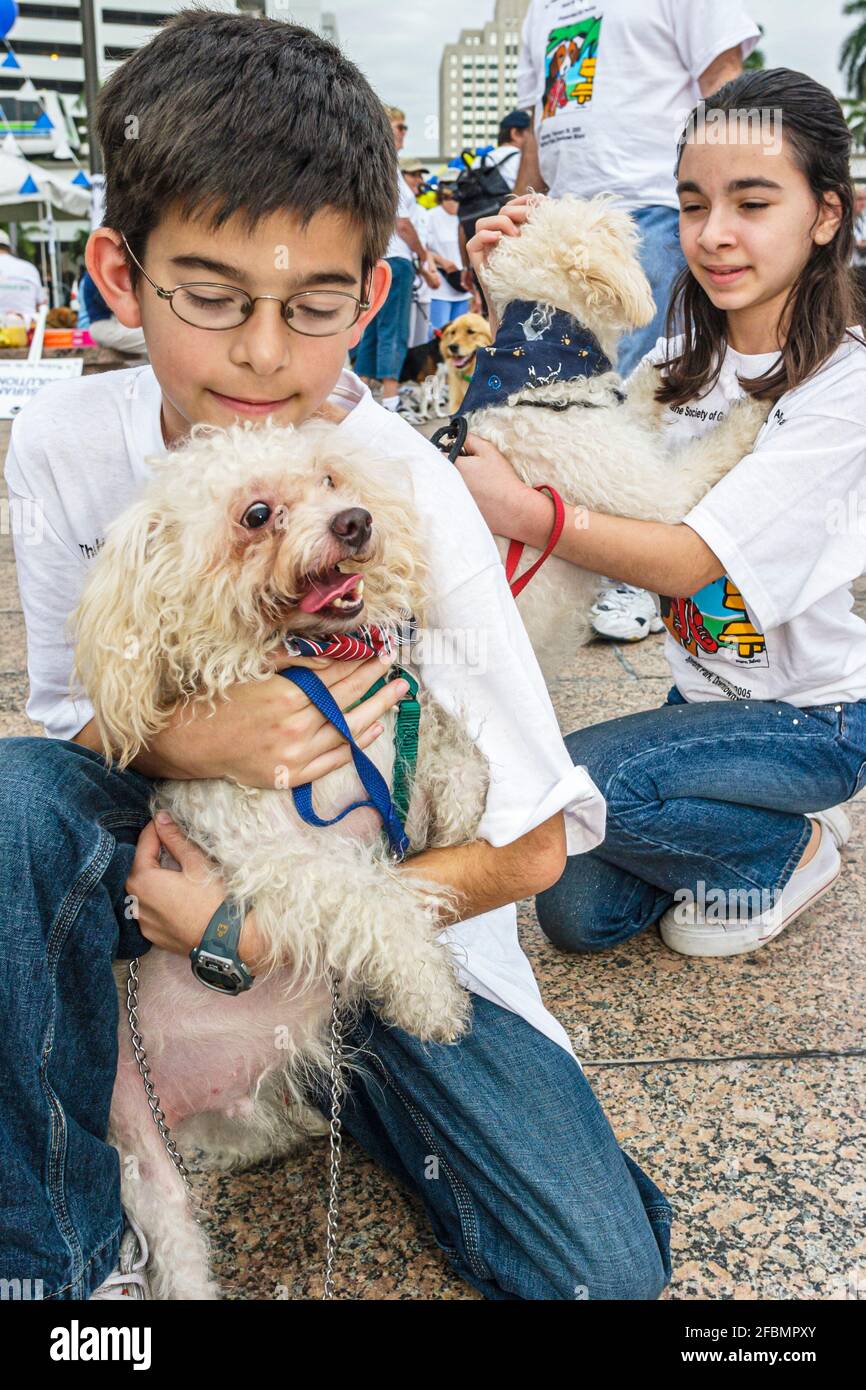 Miami Florida, Bayfront Park Walk für die Tiere, Humane Society Fundraising Event Hunde, Hispanic junge Mädchen Geschwister Hund Haustier umarmt halten, Stockfoto