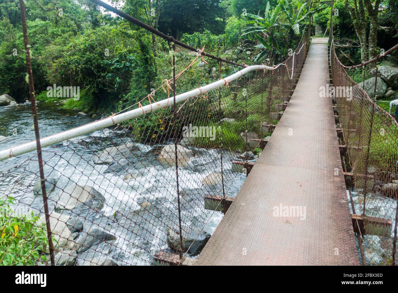 Hängebrücke über den Fluss Caldera in der Nähe von Boquete Panama, auf dem Wanderweg Lost Waterfalls. Stockfoto