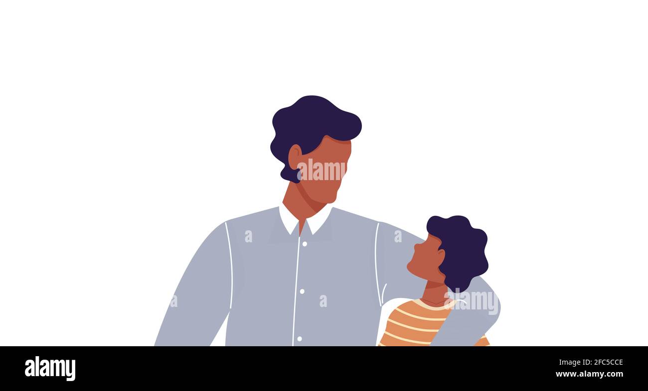 Afrikanischer Mann umarmt seinen Sohn. Gesichtsloser Vater zusammen mit Sohn. Vater im Gespräch mit seinem Kind. Frohe Familie. Nette Comic-Figuren isoliert Stock Vektor
