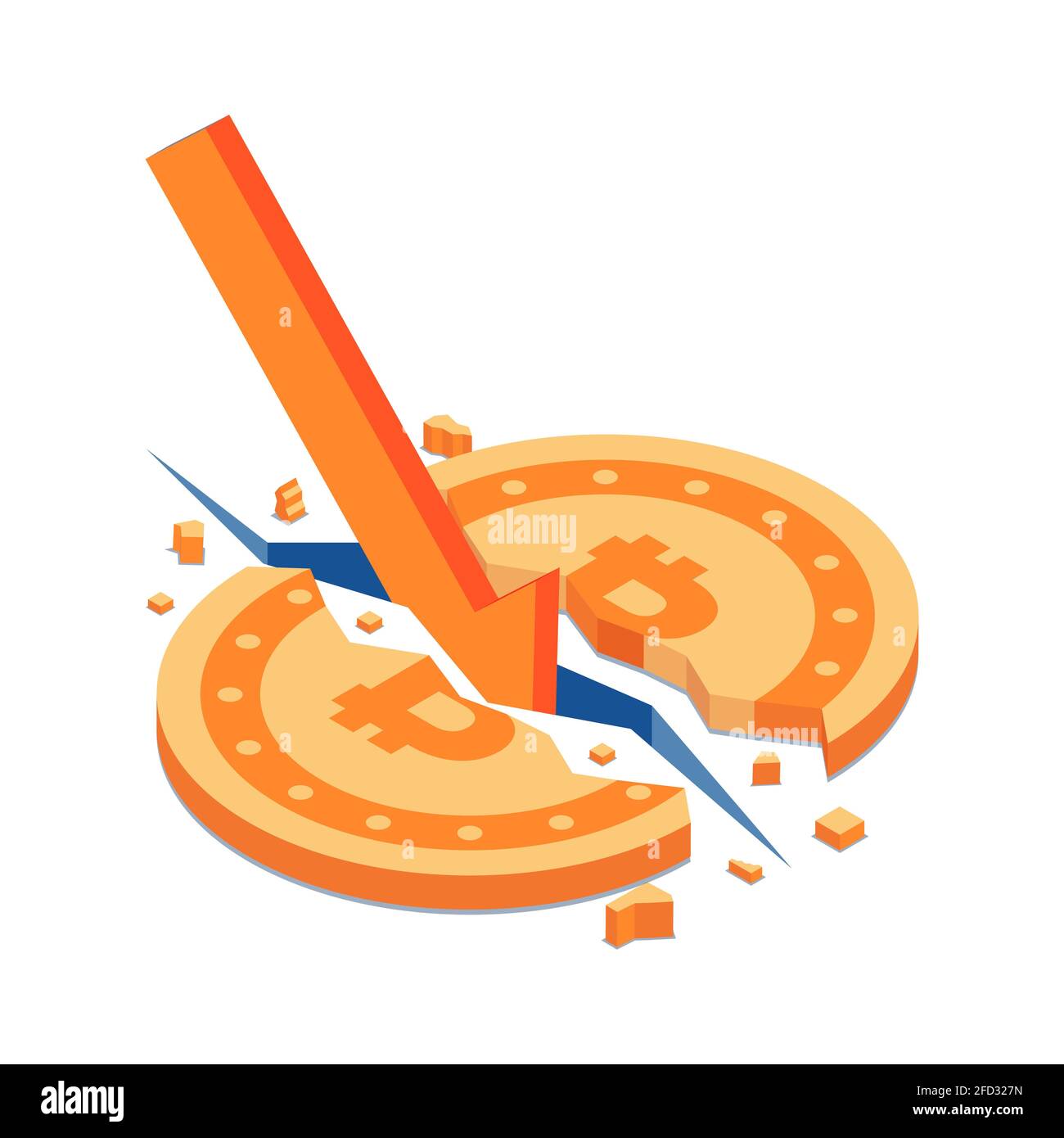 Flacher 3d-Isometrischer Bitcoin, der durch den roten fallenden Pfeil geknackt wurde. Bitcoin-Krise und Kryptowährungsblase-Konzept. Stock Vektor