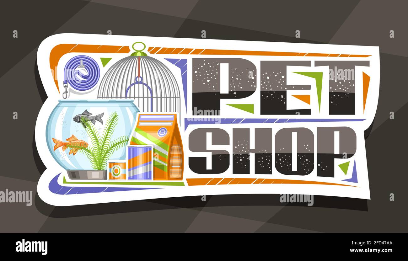 Vector Signage für Pet Shop, weiße dekorative Schildertafel mit Illustration von Metallvogelzelle, Aquarium mit Goldfischen und Algen im Wasser, zusammengerollt Stock Vektor