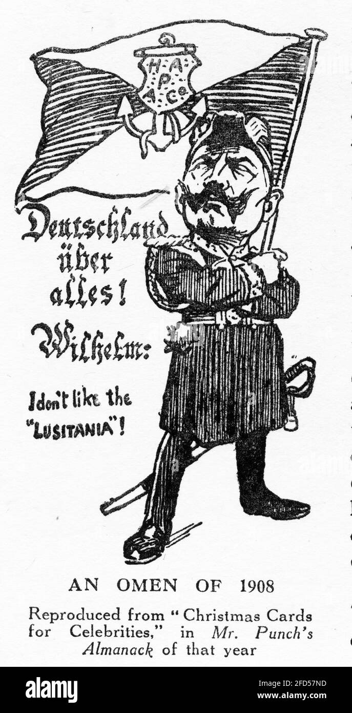 Stich des deutschen Kaisers, der 1908 seine Abneigung gegen die Lusitania verkündete. Aus dem Magazin Punch. Stockfoto