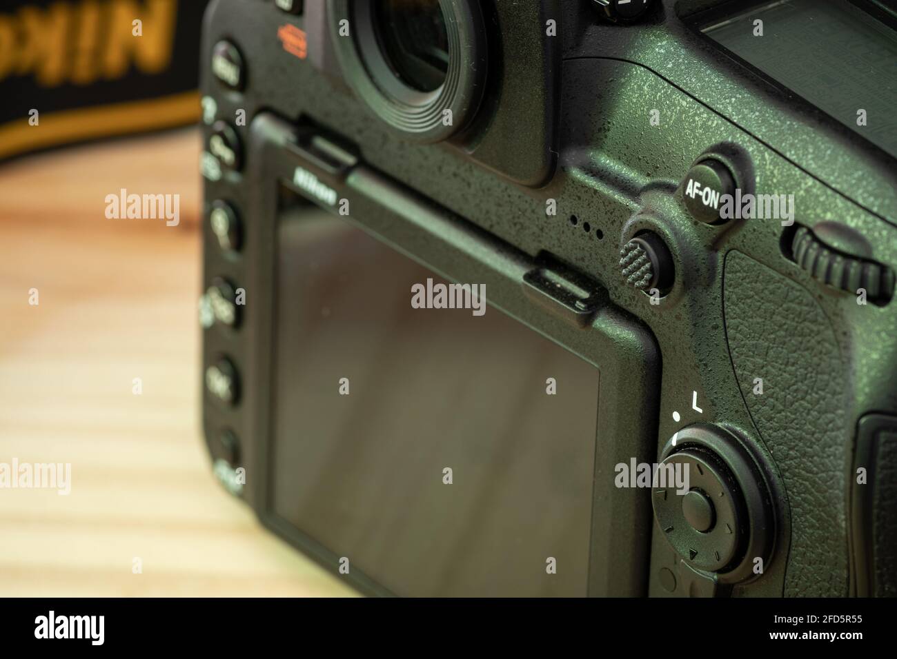 Modernes DSLR-Touch-Display und Sucher mit Fokuswahltasten auf der Rückseite, gefertigt aus extrem widerstandsfähigen, robusten Materialien aus Magnesiumlegierung und Kohlefaser. Stockfoto