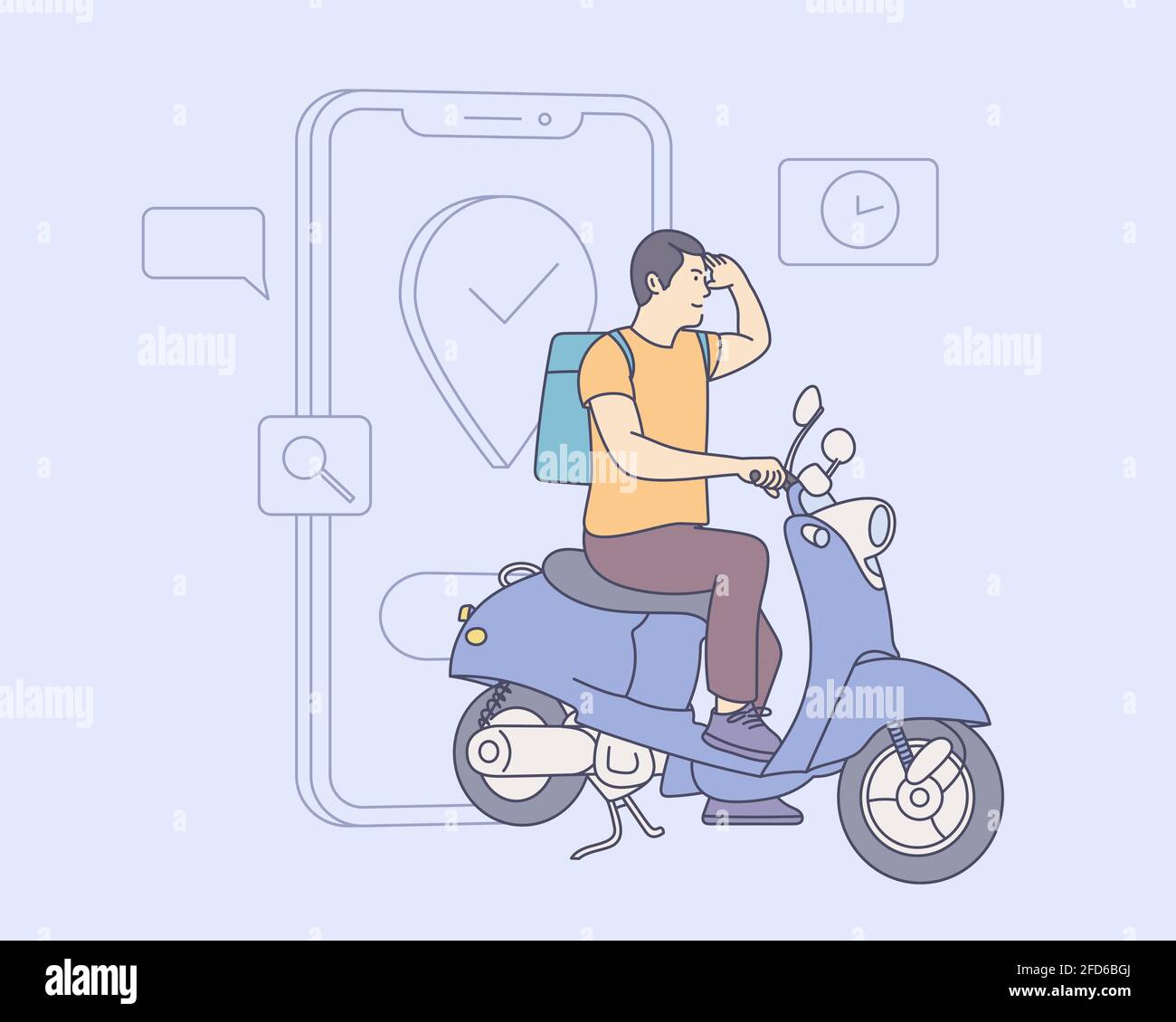 Konzept des Online-Lieferservice. Kunden, die über mobile Anwendung bestellen, der Motorradfahrer geht nach der GPS-Karte Stock Vektor