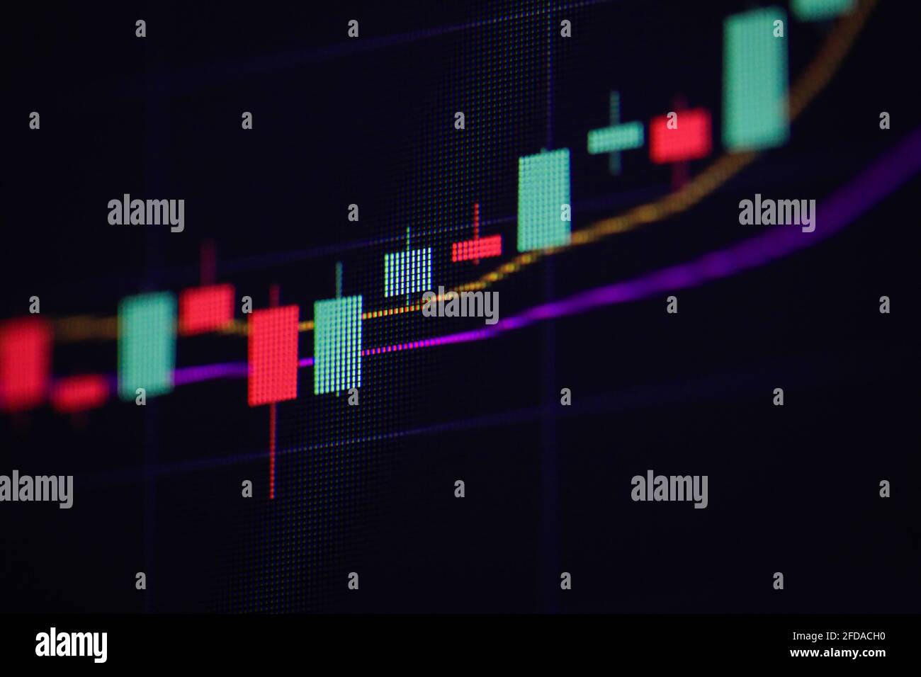 Geringe Schärfentiefe (selektiver Fokus) mit Details eines Candlestick-Diagramms auf einem Computerbildschirm. Stockfoto