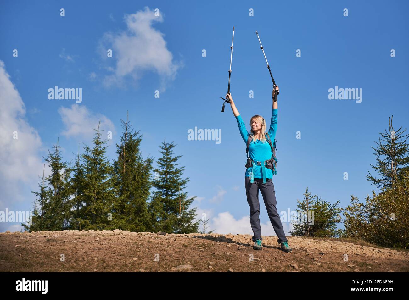 Die fröhliche Blondine hob triumphierend ihre Hände und hielt Trekkingstöcke, nachdem sie auf die Steinspitze des Hügels kletterte, auf dem Hintergrund mehrerer grüner Bäume und eines wunderschönen blauen Himmels. Stockfoto