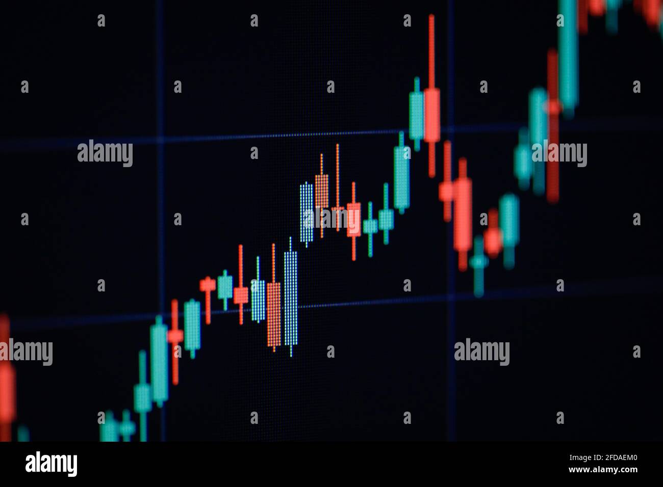Geringe Schärfentiefe (selektiver Fokus) mit Details eines Candlestick-Diagramms auf einem Computerbildschirm. Stockfoto