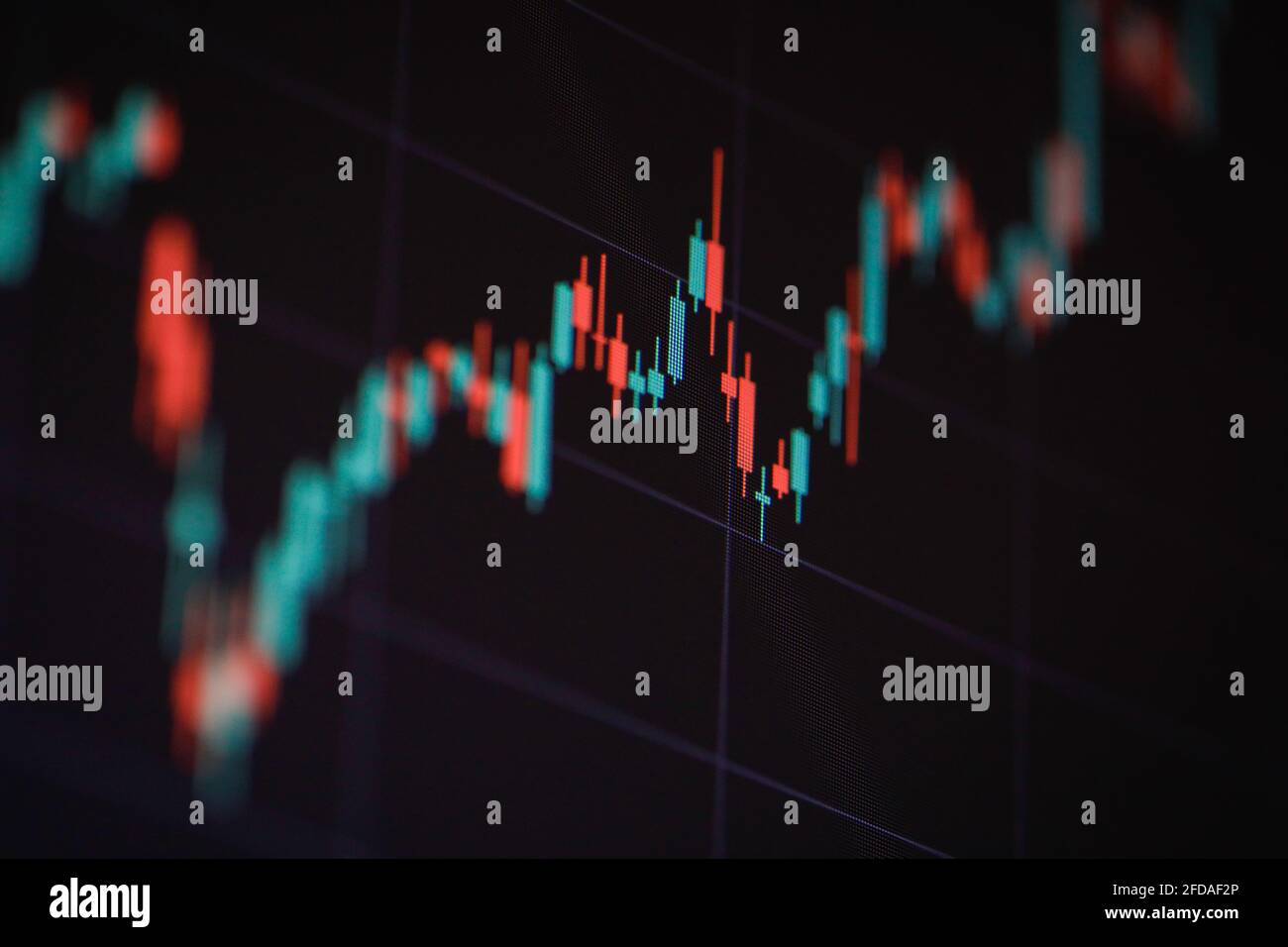 Geringe Schärfentiefe (selektiver Fokus) mit Details eines Candlestick-Diagramms auf einem Computerbildschirm. Stockfoto