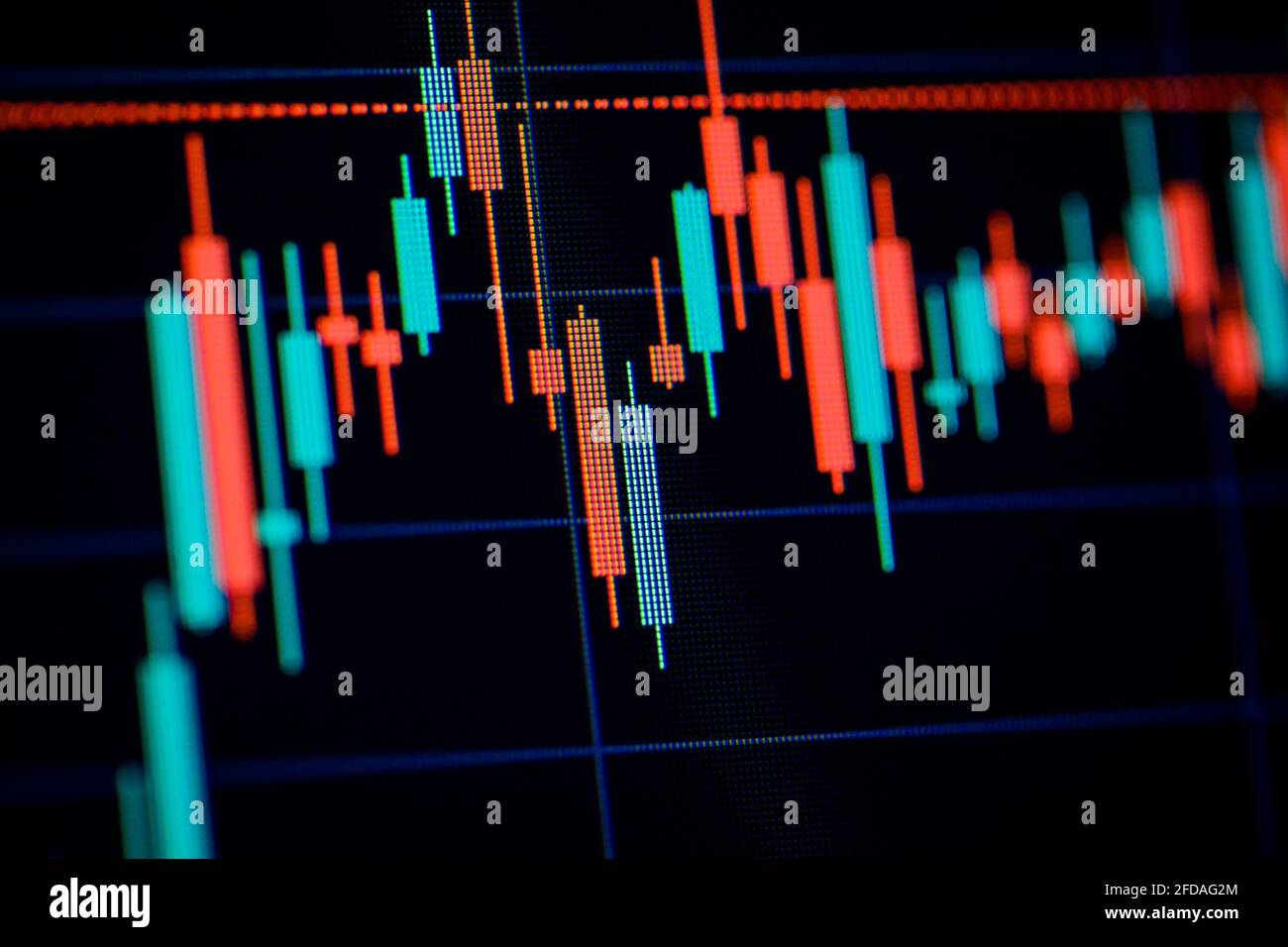 Geringe Schärfentiefe (selektiver Fokus) mit Details eines Candlestick-Diagramms auf einem Computerbildschirm. Stockfoto