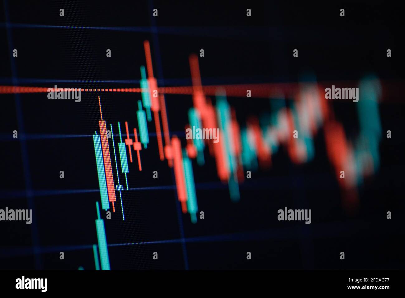 Geringe Schärfentiefe (selektiver Fokus) mit Details eines Candlestick-Diagramms auf einem Computerbildschirm. Stockfoto