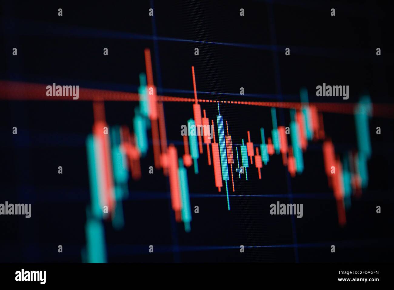 Geringe Schärfentiefe (selektiver Fokus) mit Details eines Candlestick-Diagramms auf einem Computerbildschirm. Stockfoto