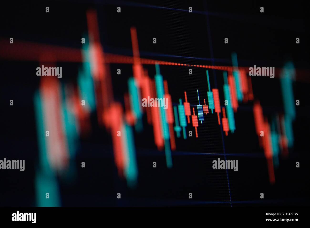 Geringe Schärfentiefe (selektiver Fokus) mit Details eines Candlestick-Diagramms auf einem Computerbildschirm. Stockfoto