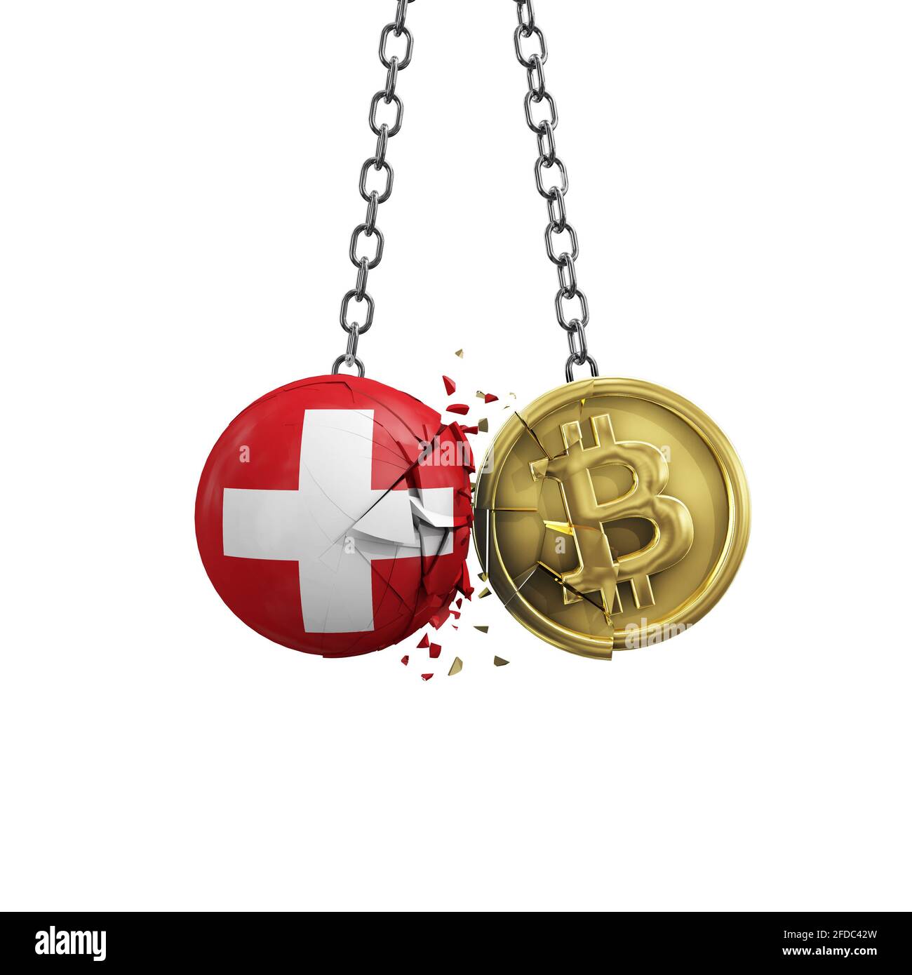 Die Schweizer Flagge zerschlägt in eine goldene Bitcoin-Kryptomünze. 3D-Rendering Stockfoto