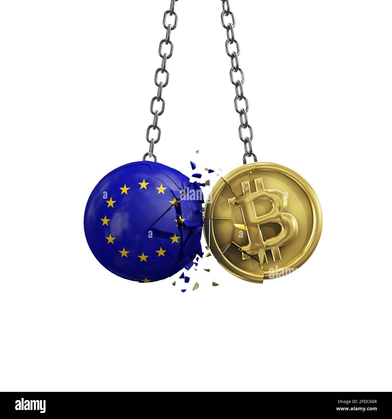 Die Flagge der Europäischen Union zerschlägt sich in eine goldene Bitcoin-Kryptomünze. 3D-Rendering Stockfoto